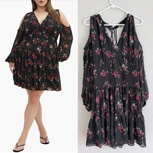 City Chic Plus Size Maria Black Cold-Shoulder Floral Mini Dress